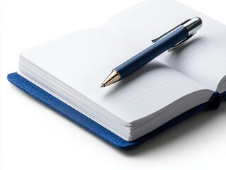 Open Notebook with Pen on White Background