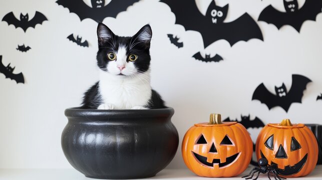 Happy Halloween concept. cute kitty sitting in witch cauldron with Jack o lantern pumpkin with candles broom and bats ghosts on spooky background.atmospheric image