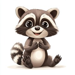 Obraz premium Cute cartoon raccoon sitting happily, showcasing big eyes and a playful pose. Perfect for children's content and illustrations, white background