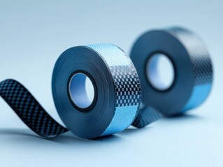 Blue and Black Checkered Tape Rolls on Light Blue Background