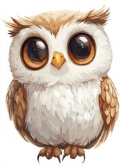 Obraz premium A cute cartoon owl with big eyes and fluffy feathers, ideal for children's illustrations and playful designs, white background