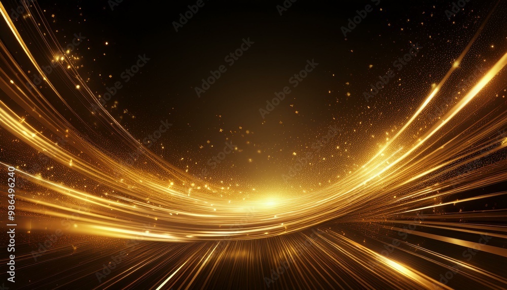Poster abstract golden light streaks with sparkling particles.
