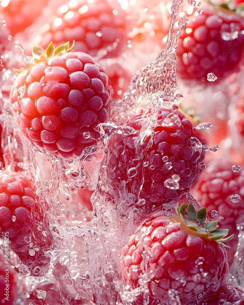 Poster close-up of fresh raspberries splashed with water, creating a vibrant and refreshing image.