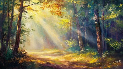 Obraz premium Sunbeams Illuminating a Forest Path