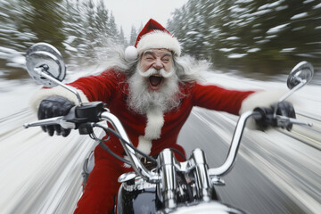 Cheerful Santa Claus is racing on a bike along a snowy highway. He is hurrying to the children for the holiday.