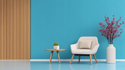 Bright modern interior featuring a white chair and decorative plants against a blue wall