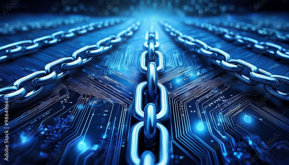 Poster abstract image of blue chains on a circuit board, representing digital security and data protection.