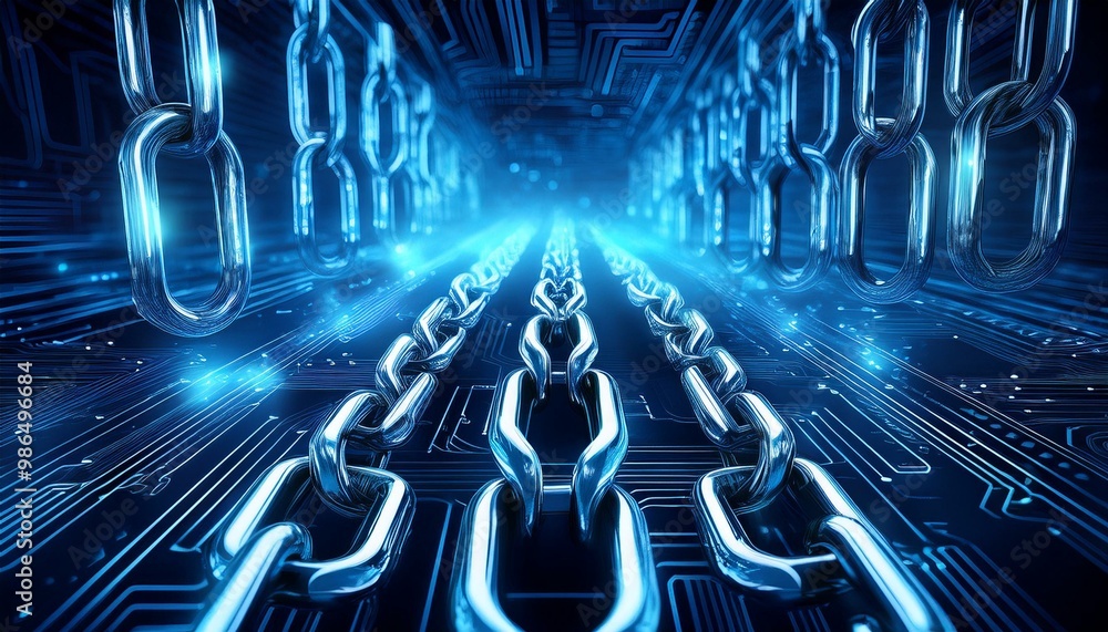 Poster abstract image of blue chains on a circuit board, representing digital security and data protection.