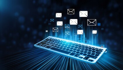 Abstract image of a keyboard with glowing lines and email icons, representing digital communication and data flow.
