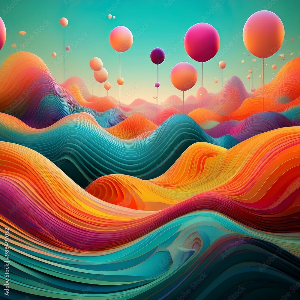 Poster abstract landscape with colorful hills and floating spheres.