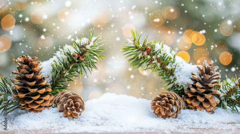 Poster snowy pine tree branches with snow