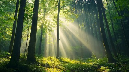 Obraz premium Sunbeams Illuminating a Misty Forest Path