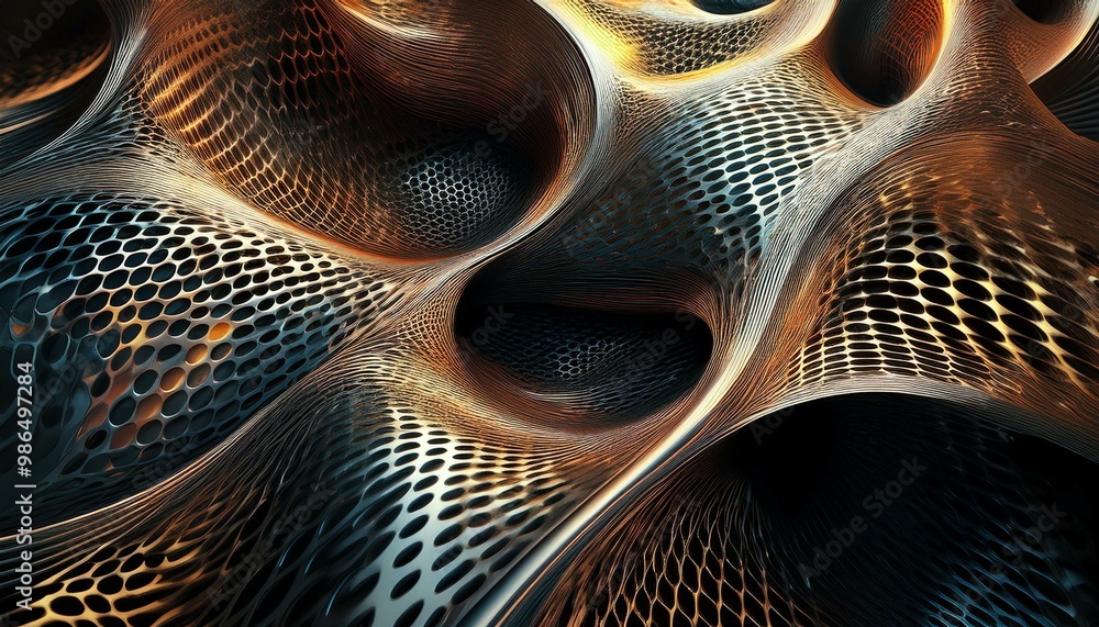 Poster abstract metallic mesh structure forming wavy surface with holes