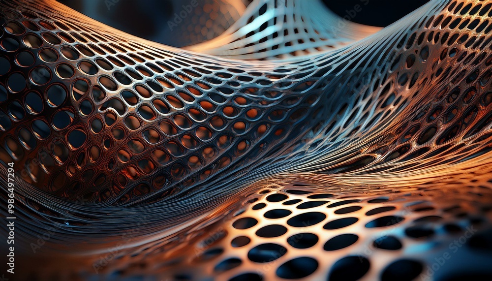 Poster abstract metallic mesh structure forming wavy surface with holes