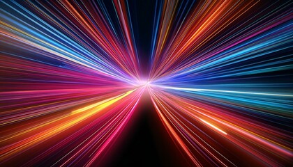 Abstract light trails in vibrant colors, creating a dynamic and energetic visual. A mesmerizing display of light streaks converging towards the center.