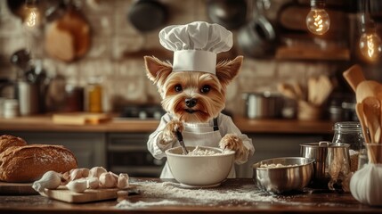 A small dog in a chef's outfit is busy mixing ingredients in a bowl on a wooden kitchen table. The warm atmosphere features various baked goods and kitchen utensils around