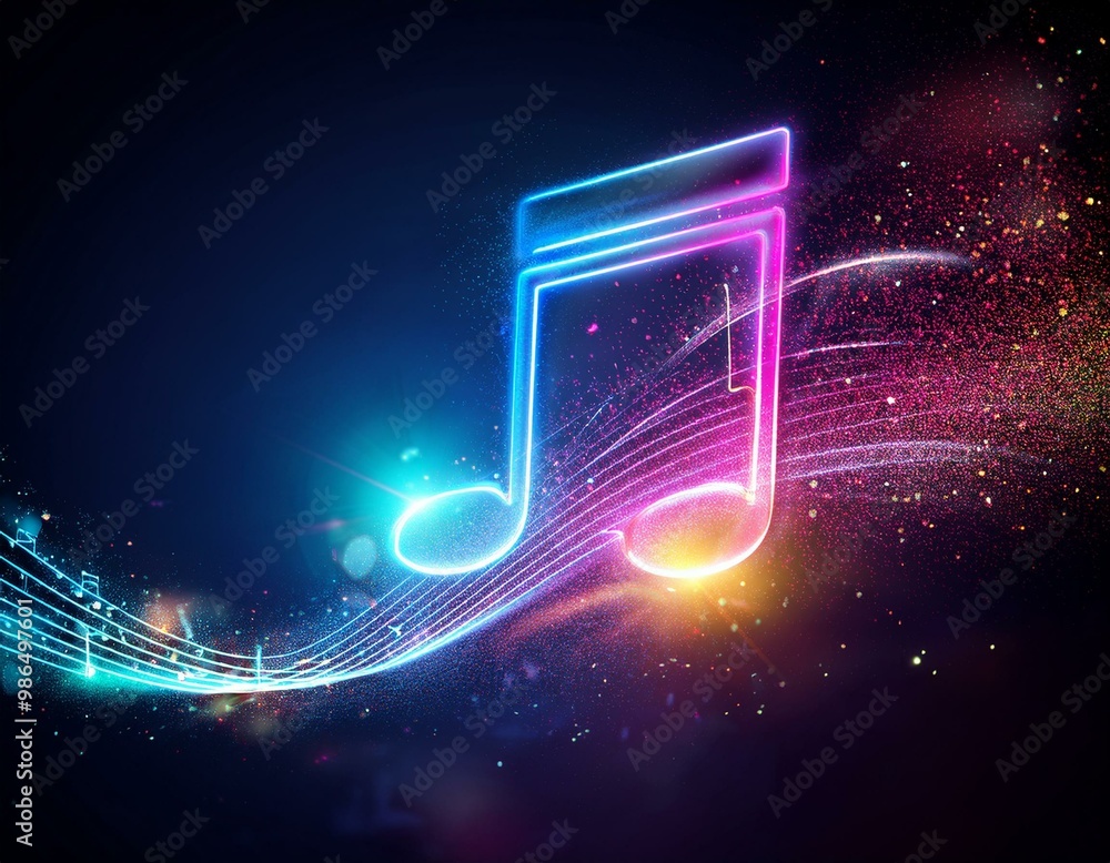 Poster abstract music notes glowing with neon light and particles.