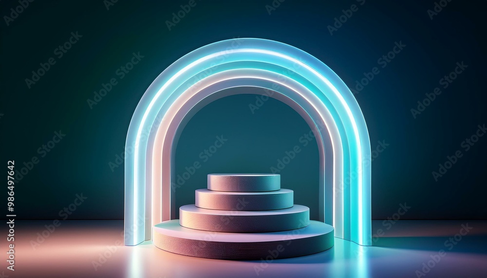 Poster abstract minimal product display with glowing arch and three tiered podium. perfect for showcasing b