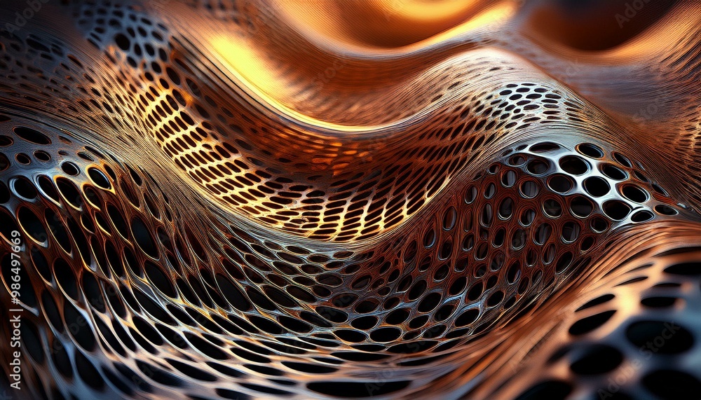 Poster abstract metallic mesh structure forming wavy surface with holes