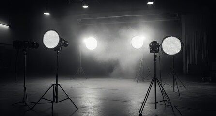 Lighting setup in a dark studio with smoke effects creating dramatic atmosphere for a shoot
