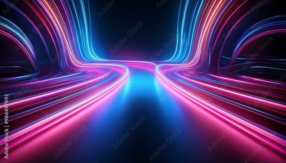 Poster abstract neon lights create a winding path in a dark background. the glowing lines are blue and pink