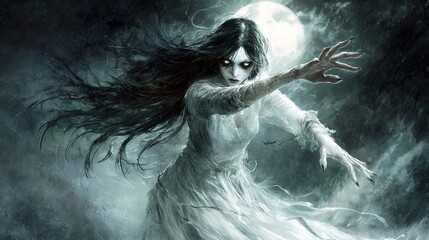 Fototapeta premium Scary ghost woman crawling with night scene background. Halloween concept