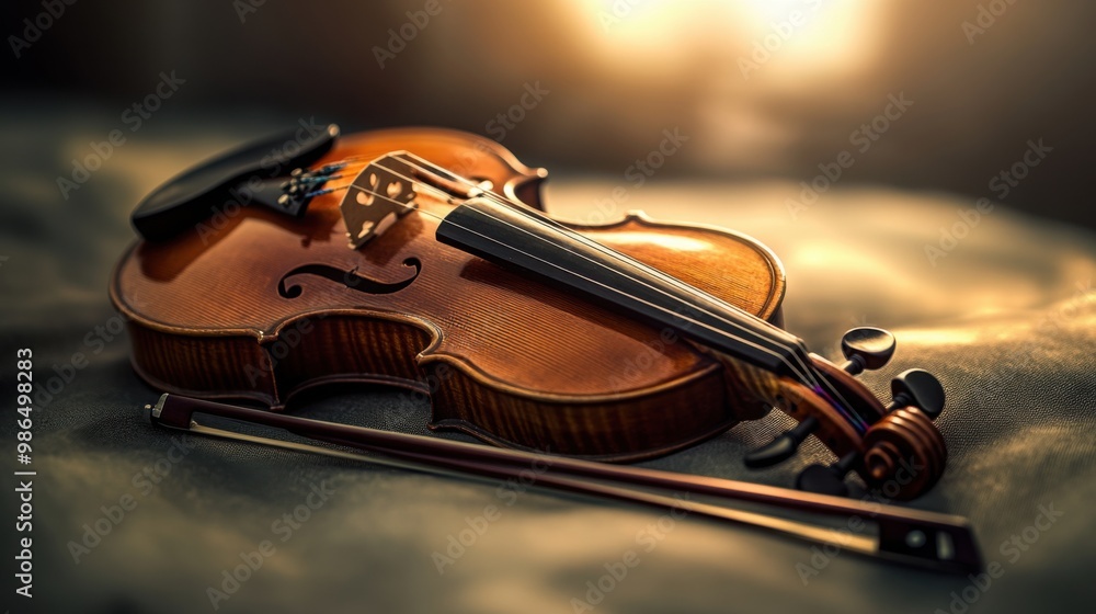Poster a soft-focus image of a violin lying on a smooth surface with a bow resting beside it