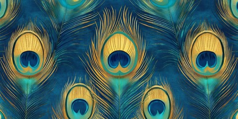 Close-up of gold and blue peacock feather pattern.