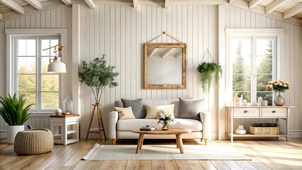 Home interior background, cozy room in farmhouse style, 3d render, white Mock up frame