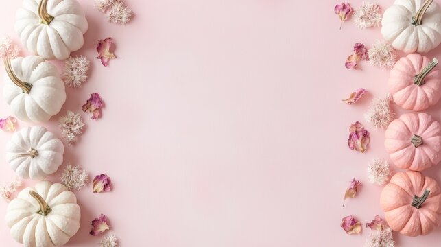 Collection of handmade plaster pumkins. Autumn seasonal holidays background in pink colors. DIY craft pumkins for helloween thanksgiving fall decoration