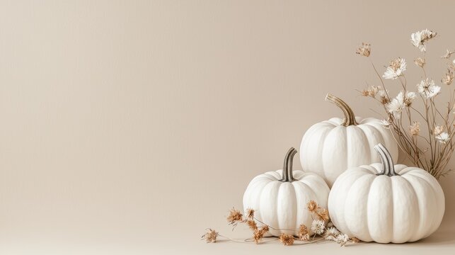 Collection of handmade plaster pumkins. Banner for autumn seasonal holidays background. DIY craft pumkins for helloween thanksgiving fall decoration