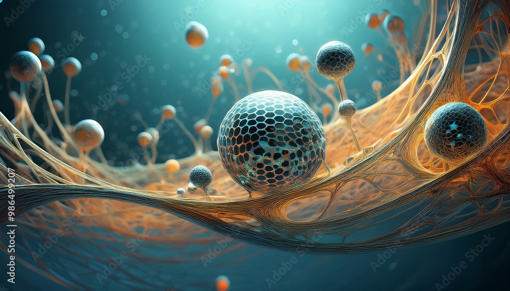 Poster abstract organic form with spheres floating in a cellular structure