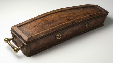 Elegant brown coffin with closed lid with golden fittings isolated on white background