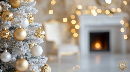 Fototapeta premium Decorative Christmas tree with gold ornaments and cozy fireplace setting during the holiday season