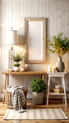 Home interior background, cozy room in farmhouse style, 3d render, white Mock up frame