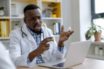 Doctor with flu coronavirus vaccine ampoule give online presentation on laptop