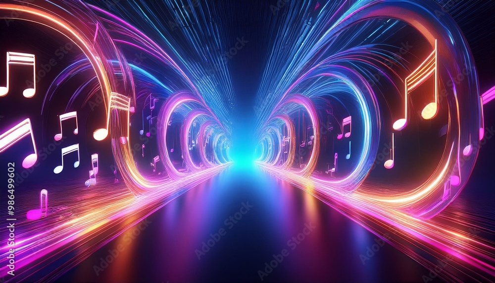Aufkleber abstract neon tunnel with musical notes. glowing lights create a futuristic and energetic atmosphere
