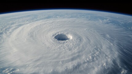 A powerful hurricane spirals over the ocean with the sun shining in the background