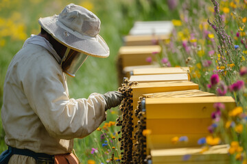 beekeeper working in his apiary