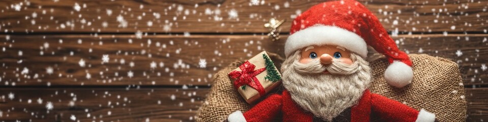 santa claus toy with a bag of gifts on a wooden background with snow