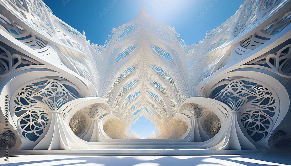 Poster abstract white architectural structure with intricate details, reaching towards a bright sky.