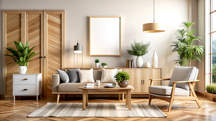 modern room with natural wooden furniture, 3d render, white Mock up frame