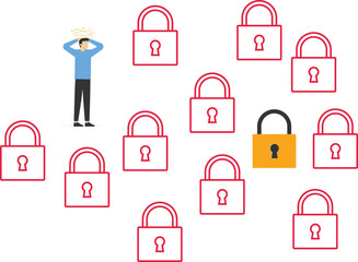 Smart businessman decides business, finding new lock. Unlock business accessibility. Solve business problem, professional to give solutions. Vector illustration concept.

