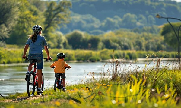 A woman and a child are riding bikes along a river 4K Video