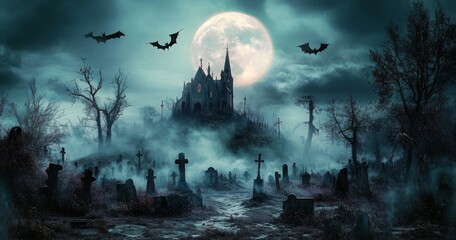 Fototapeta premium Halloween Scene - Graveyard At Moonlight - Contain Unrecognizable, Deformed Church With Reassembled Parts