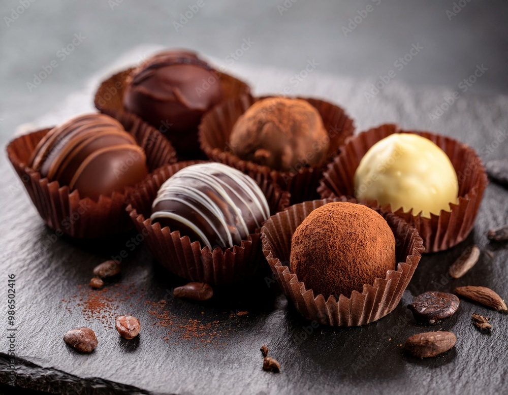 Poster assortment of decadent chocolate truffles on a slate surface.