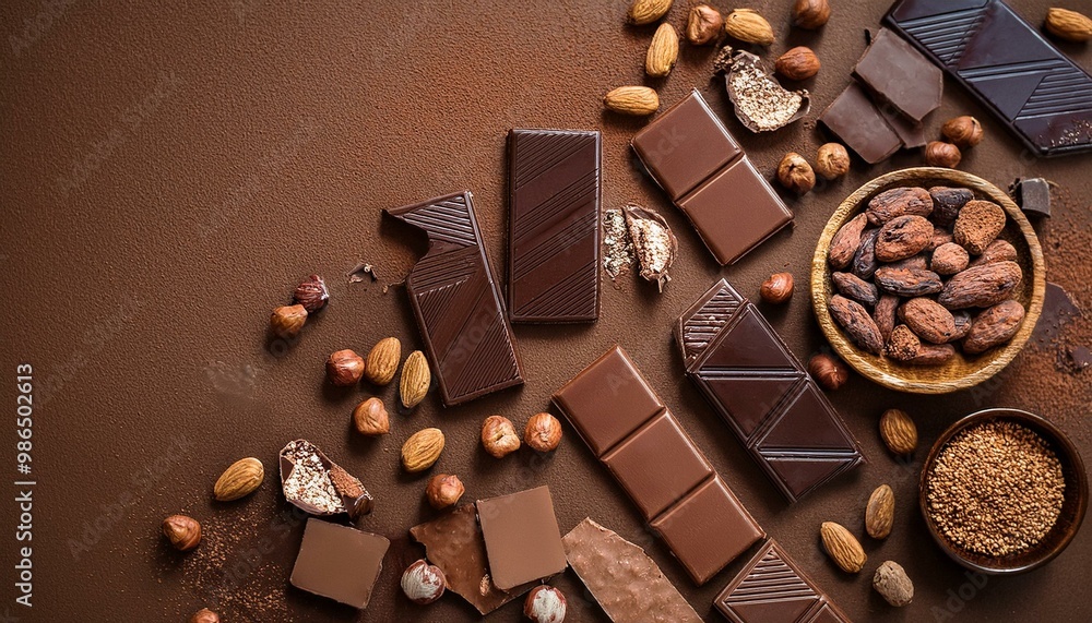 Poster assortment of dark chocolate bars, chunks, and truffles with nuts and cocoa nibs. a top-down view on