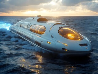 Fototapeta premium Futuristic white speedboat zips across the ocean at sunset, leaving a trail of blue light behind it.