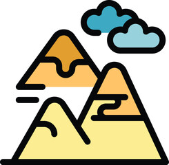 Minimalist vector illustration featuring mountain peaks reaching for the sky on a cloudy day, perfect for projects related to nature, travel, and adventure