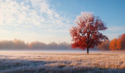 Obraz premium A majestic pink tree stands alone in a serene frosty landscape at dawn